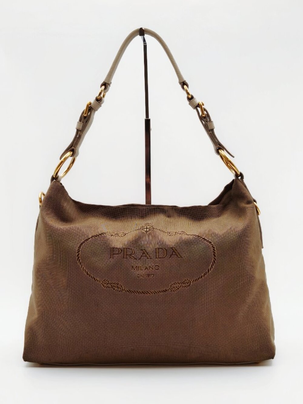 Prada Milano Brown Canvas Hobo Shoulder Bag Gold Hardware